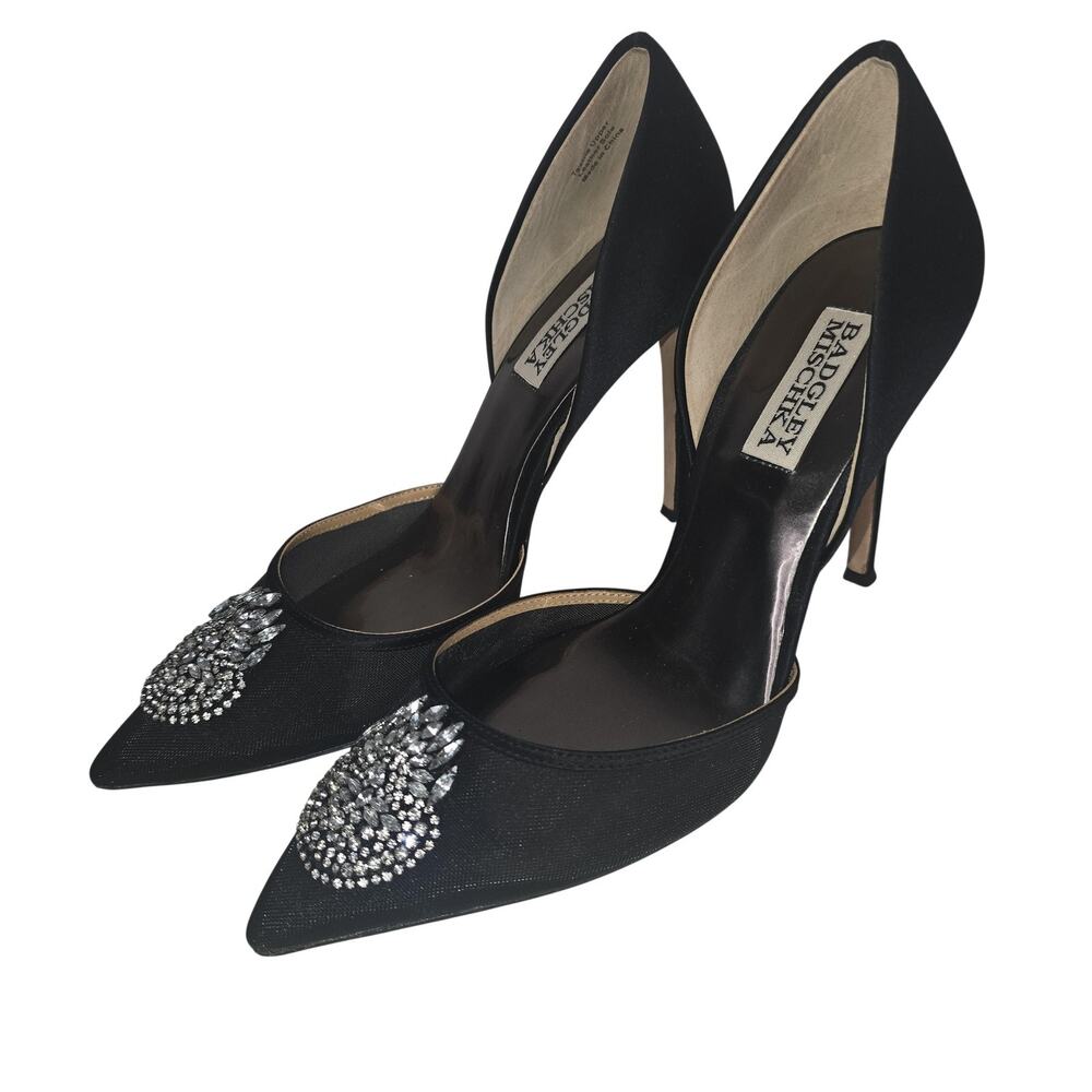 Badgley Mischka Heels Womens Size 7.5 Black Crystal Mesh D'Orsay Pumps Stiletto